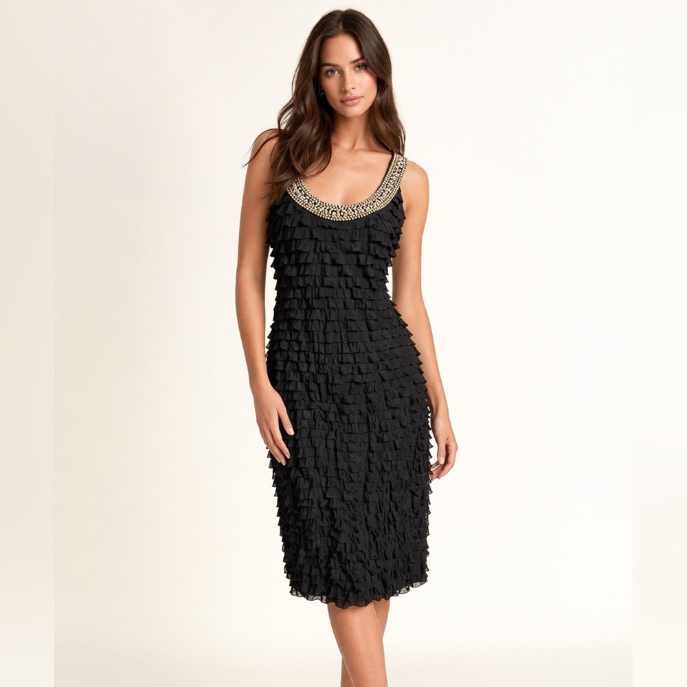 NEW Vintage Frank Lyman Layered Black Dress w/Gold Bead Neckline, size 8 (A3)